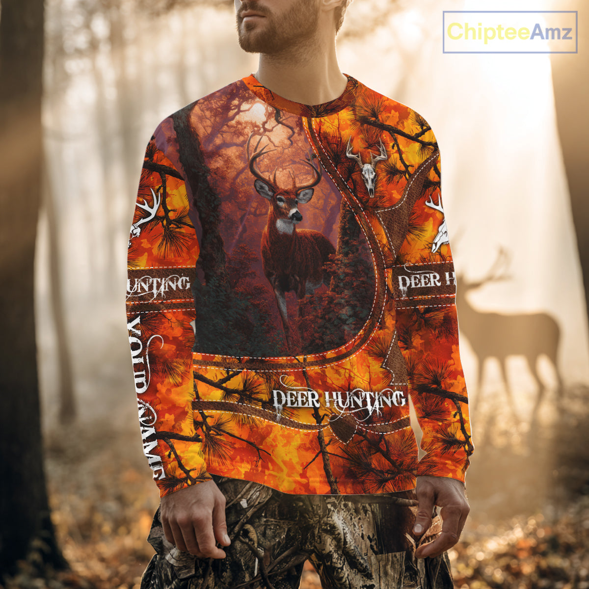 Whitetail Deer Hunting Shirt With Orange Camo Pattern And Skull Design For Hunters NHT77