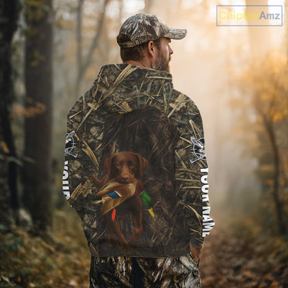 Personalized Mallard Duck Hunting Shirt with Chocolate Lab, Custom Dog’s Name Camouflage NHT264
