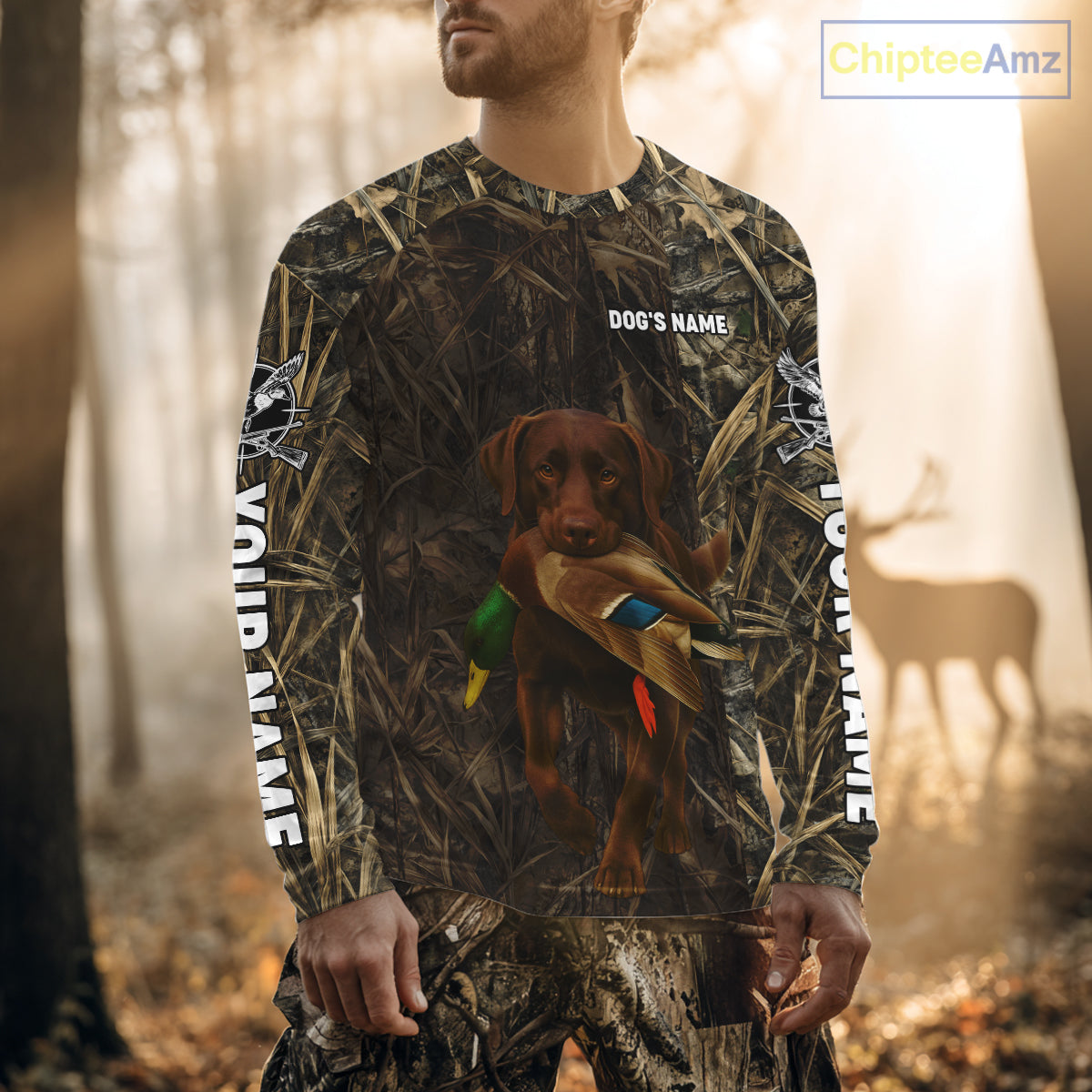 Personalized Mallard Duck Hunting Shirt with Chocolate Lab, Custom Dog’s Name Camouflage NHT264