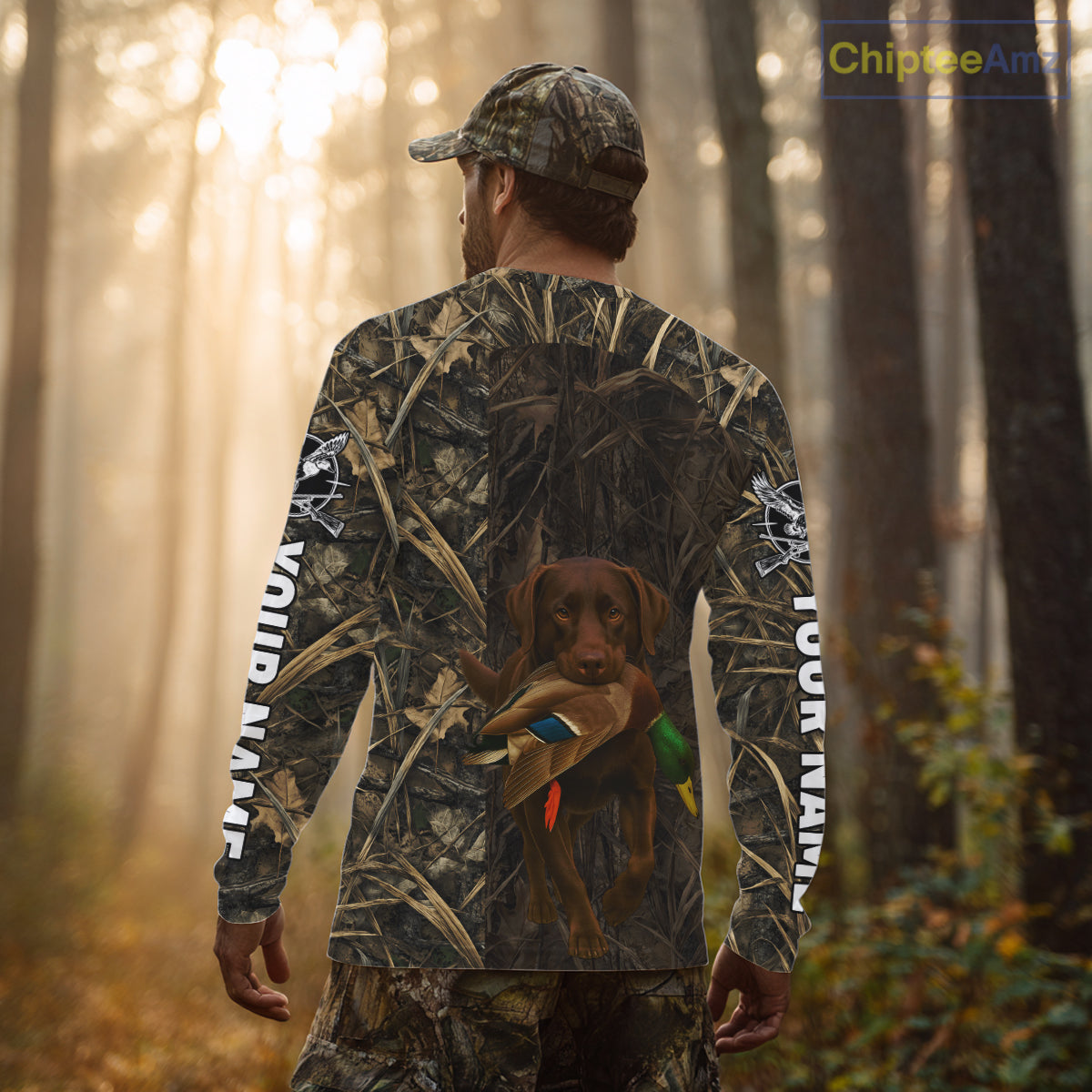 Personalized Mallard Duck Hunting Shirt with Chocolate Lab, Custom Dog’s Name Camouflage NHT264