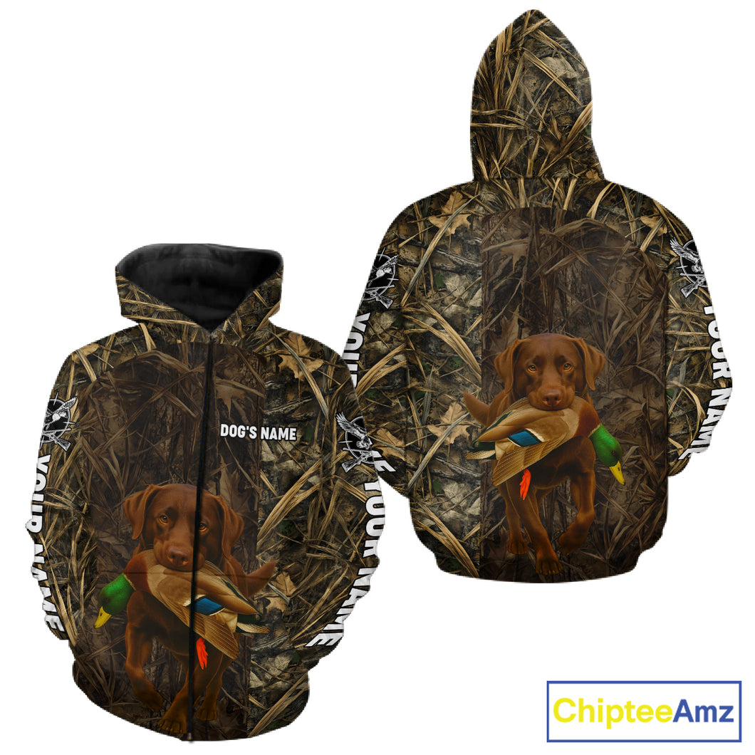 Personalized Mallard Duck Hunting Shirt with Chocolate Lab, Custom Dog’s Name Camouflage NHT264