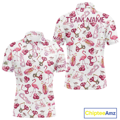 Funny Golf Polo Shirt For Mens Cherry Flamingo Golf Cart Pattern Summer Sport Top NHT841
