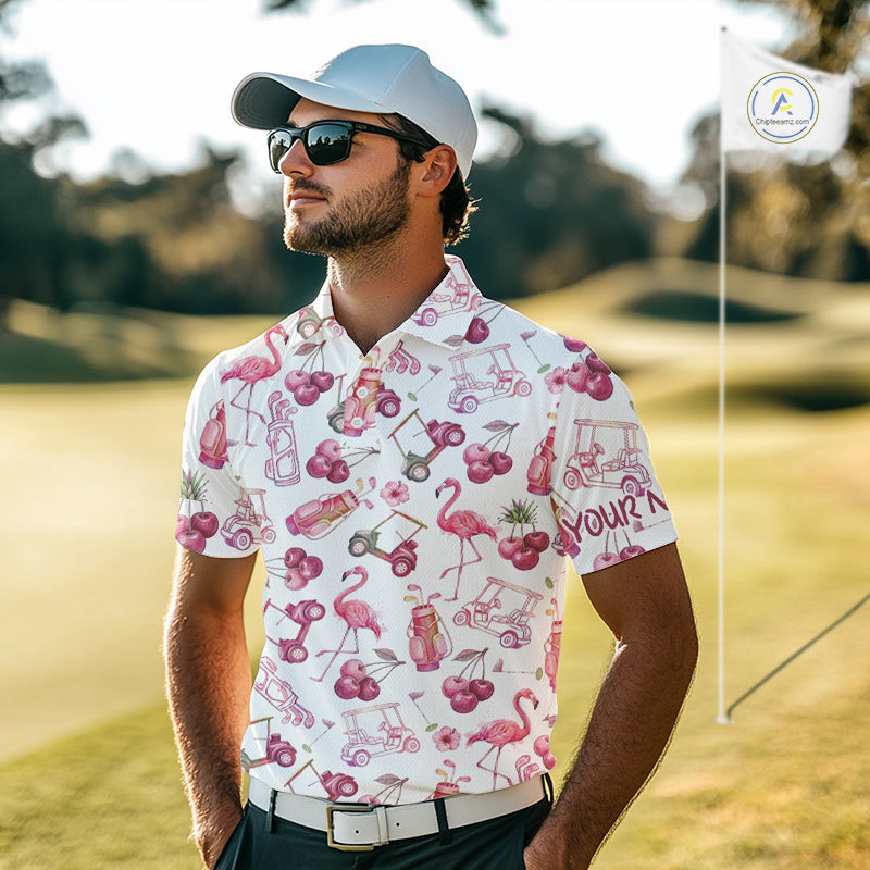 Funny Golf Polo Shirt For Mens Cherry Flamingo Golf Cart Pattern Summer Sport Top NHT841