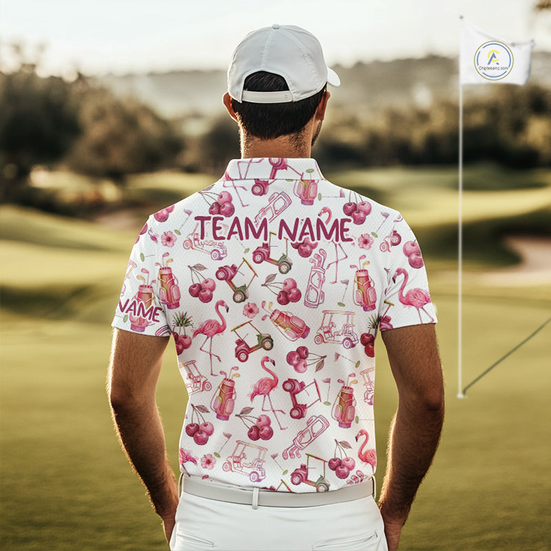 Funny Golf Polo Shirt For Mens Cherry Flamingo Golf Cart Pattern Summer Sport Top NHT841