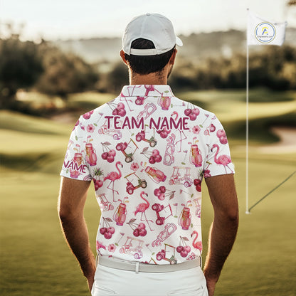 Funny Golf Polo Shirt For Mens Cherry Flamingo Golf Cart Pattern Summer Sport Top NHT841