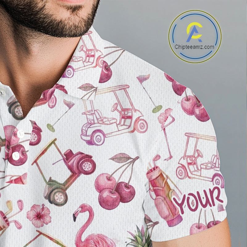 Funny Golf Polo Shirt For Mens Cherry Flamingo Golf Cart Pattern Summer Sport Top NHT841