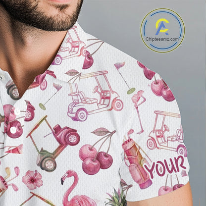 Funny Golf Polo Shirt For Mens Cherry Flamingo Golf Cart Pattern Summer Sport Top NHT841