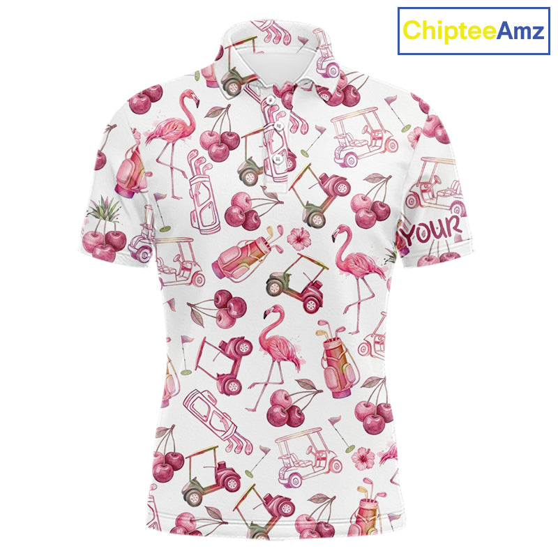 Funny Golf Polo Shirt For Mens Cherry Flamingo Golf Cart Pattern Summer Sport Top NHT841