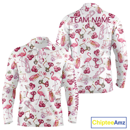 Funny Golf Polo Shirt For Mens Cherry Flamingo Golf Cart Pattern Summer Sport Top NHT841