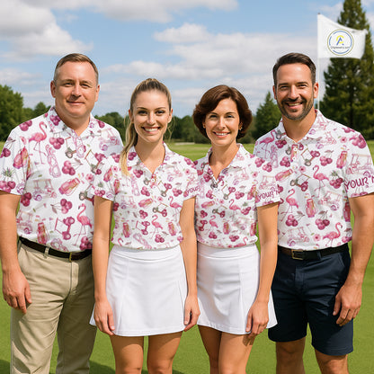 Funny Golf Polo Shirt For Mens Cherry Flamingo Golf Cart Pattern Summer Sport Top NHT841