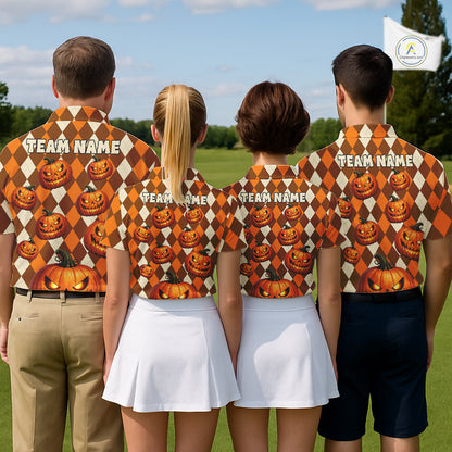 Personalized Halloween Pumpkin Women Golf Polo Shirt Custom Team Name Argyle Golf Shirt NHT1299
