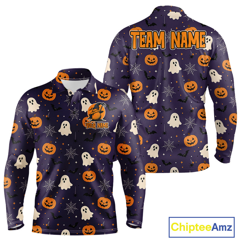 A long-sleeve quarter-zip pullover hoodie shown from both front and back on a white background. The hoodie features an all-over Halloween print with orange jack-o'-lanterns, white ghosts, black bats, and spiderwebs on a dark purple base.