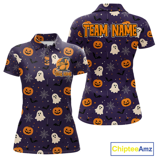 A women's short-sleeve polo shirt shown from the front and back on a white background. The shirt has a dark purple base with an all-over Halloween print featuring orange pumpkins, white ghosts, black bats, and spiderwebs.
