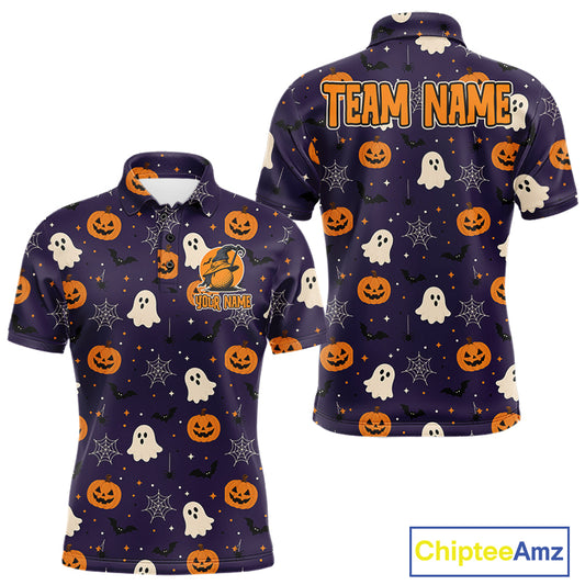 Front and back views of a short-sleeve polo shirt on a white background. The shirt has a dark purple Halloween pattern with orange pumpkins, white ghosts, black bats, and spiderwebs.