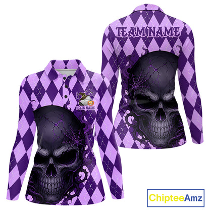 A long-sleeve polo shirt shown from both front and back on a white background. The shirt features a purple and lavender harlequin pattern with a large black and purple skull graphic across the chest and back, plus customizable text areas reading TEAMNAME and YOUR NAME.