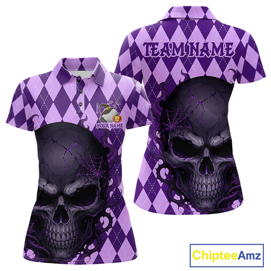 Custom short-sleeve polo shirt shown from the front and back in purple and lavender, featuring a large black skull graphic on the front and back, an argyle pattern, and customizable text fields 'TEAMNAME' and 'YOUR NAME'