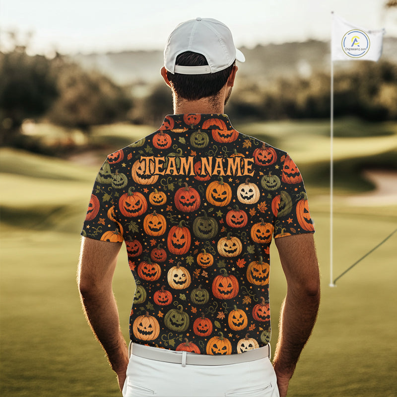 A man viewed from behind wearing a white cap and a short-sleeve polo shirt with an all-over Halloween pumpkin print. The shirt has 'TEAM NAME' printed across the upper back in orange.