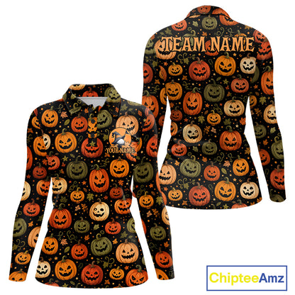 Front and back views of a long-sleeve collared shirt with an all-over Halloween pumpkin print on a black background. The front shows a small chest graphic with a ghost and the text 'YOURNAME', while the back has a large 'TEAM NAME' printed across the shoulders.