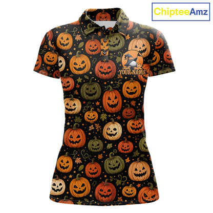 A women's short-sleeve polo shirt with an all-over Halloween print featuring jack-o'-lanterns, pumpkins, stars, and leaves on a black background. The shirt has a collar, button placket, and a small chest graphic with a ghost and the text 'YOUR NAME