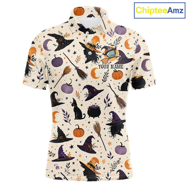 A short-sleeve polo shirt with a Halloween-themed all-over print on a cream background, featuring witch hats, cauldrons, pumpkins, broomsticks, cats, stars, and crescent moons. The shirt has a placeholder text 'YOUR NAME' on the front and a 'ChipteeAmz' logo in the top right corner.