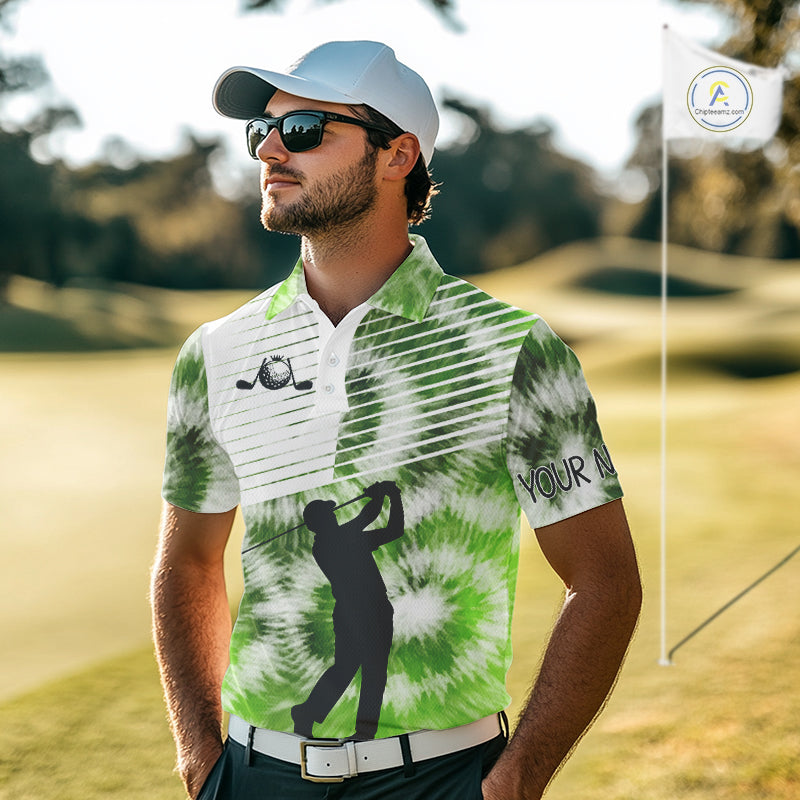 White And Green Mens Tie Dye Golf Polo Shirts Custom Golf Human Golf Team Polo Shirts NHT622
