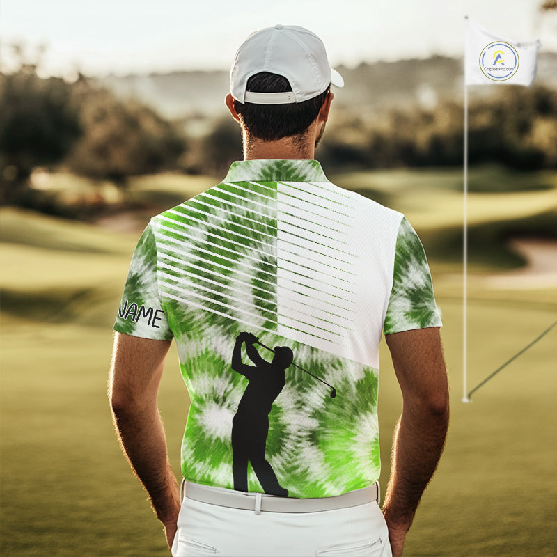 White And Green Mens Tie Dye Golf Polo Shirts Custom Golf Human Golf Team Polo Shirts NHT622