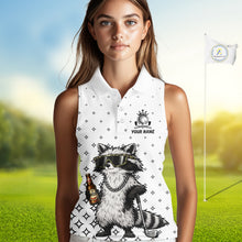 Load image into Gallery viewer, Person wearing a sleeveless polo shirt with a raccoon graphic on a golf course background