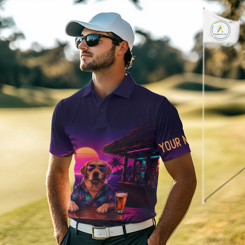 Man wearing a purple golf shirt with a dog and sunset design on a golf course.