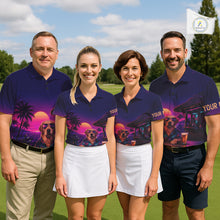 Load image into Gallery viewer, Woman wearing a purple golf shirt with a dog graphic on a golf course