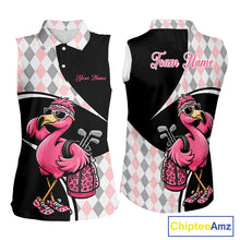 Load image into Gallery viewer, Funny Pink Flamingo Pattern Argyle Sleeveless Womens Golf Polo Shirt, Custom Flamingo Golf Shirt For Team NHT652