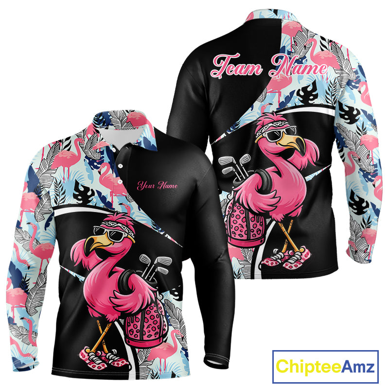 Funny Pink Flamingo Pattern Tropical Flamingo Golf Polo Shirt For Men, Custom Flamingo Golf Shirt For Team NHT653