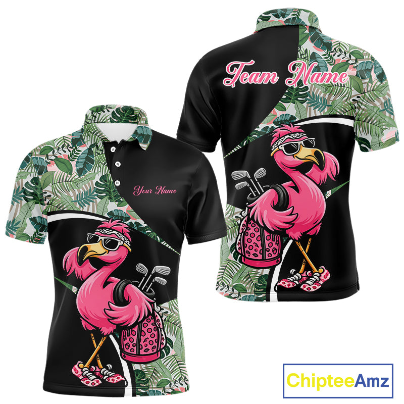 Funny Pink Flamingo Pattern Green Tropical Golf Polo Shirt For Men, Custom Flamingo Golf Shirt For Team NHT654
