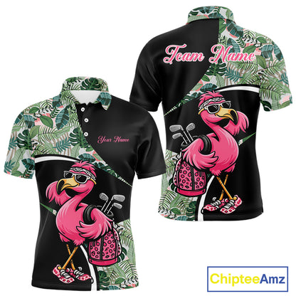 Funny Pink Flamingo Pattern Green Tropical Golf Polo Shirt For Men, Custom Flamingo Golf Shirt For Team NHT654