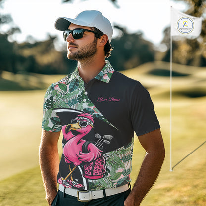 Funny Pink Flamingo Pattern Green Tropical Golf Polo Shirt For Men, Custom Flamingo Golf Shirt For Team NHT654