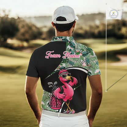Funny Pink Flamingo Pattern Green Tropical Golf Polo Shirt For Men, Custom Flamingo Golf Shirt For Team NHT654