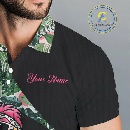 Funny Pink Flamingo Pattern Green Tropical Golf Polo Shirt For Men, Custom Flamingo Golf Shirt For Team NHT654