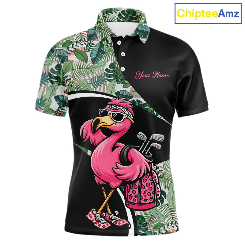 Funny Pink Flamingo Pattern Green Tropical Golf Polo Shirt For Men, Custom Flamingo Golf Shirt For Team NHT654