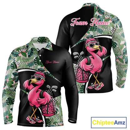 Funny Pink Flamingo Pattern Green Tropical Golf Polo Shirt For Men, Custom Flamingo Golf Shirt For Team NHT654