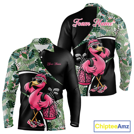 Funny Pink Flamingo Pattern Green Tropical Golf Polo Shirt For Men, Custom Flamingo Golf Shirt For Team NHT654