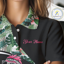 Load image into Gallery viewer, Funny Pink Flamingo Pattern Green Tropical Golf Polo Shirt For Womens, Custom Flamingo Golf Shirt For Team NHT654