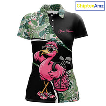 Load image into Gallery viewer, Funny Pink Flamingo Pattern Green Tropical Golf Polo Shirt For Womens, Custom Flamingo Golf Shirt For Team NHT654