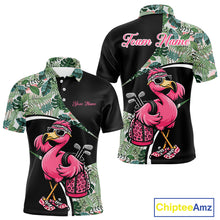 Load image into Gallery viewer, Funny Pink Flamingo Pattern Green Tropical Golf Polo Shirt For Men, Custom Flamingo Golf Shirt For Team NHT654