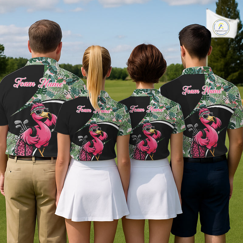 Funny Pink Flamingo Pattern Green Tropical Golf Polo Shirt For Men, Custom Flamingo Golf Shirt For Team NHT654