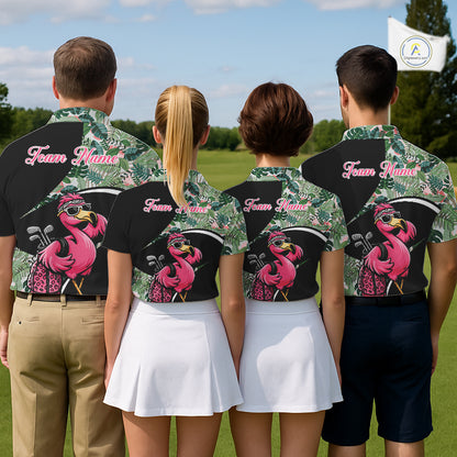 Funny Pink Flamingo Pattern Green Tropical Golf Polo Shirt For Men, Custom Flamingo Golf Shirt For Team NHT654