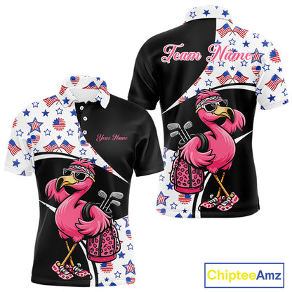 Funny Pink Flamingo Pattern American Flag Golf Polo Shirt For Men, Custom Flamingo Golf Shirt For Team NHT655