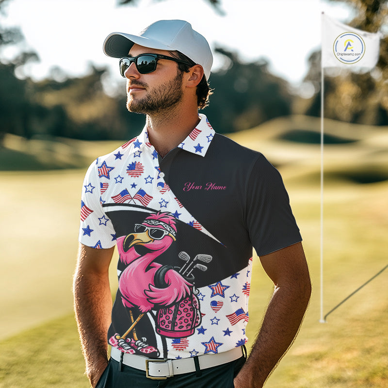 Funny Pink Flamingo Pattern American Flag Golf Polo Shirt For Men, Custom Flamingo Golf Shirt For Team NHT655