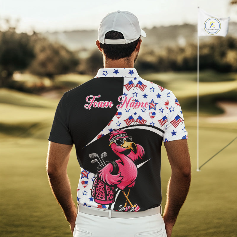 Funny Pink Flamingo Pattern American Flag Golf Polo Shirt For Men, Custom Flamingo Golf Shirt For Team NHT655
