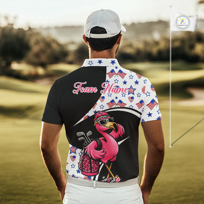 Funny Pink Flamingo Pattern American Flag Golf Polo Shirt For Men, Custom Flamingo Golf Shirt For Team NHT655