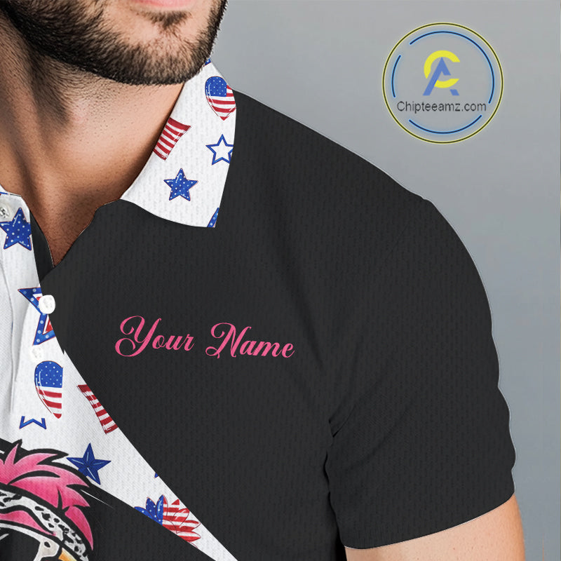 Funny Pink Flamingo Pattern American Flag Golf Polo Shirt For Men, Custom Flamingo Golf Shirt For Team NHT655