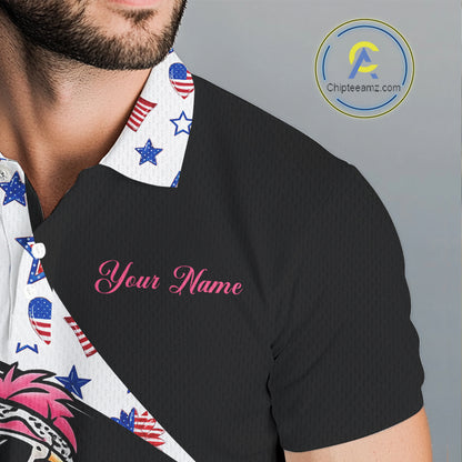 Funny Pink Flamingo Pattern American Flag Golf Polo Shirt For Men, Custom Flamingo Golf Shirt For Team NHT655